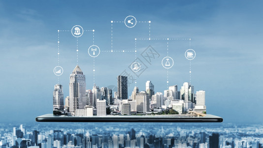 现代创造通信和互联网络在智能城市连接5G无线数字连接和事物未来互联网的概念背景图片