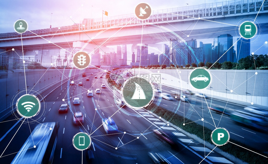 虚拟智能系统进行数字信息分析将城市街道上的车辆数据连接起来图片