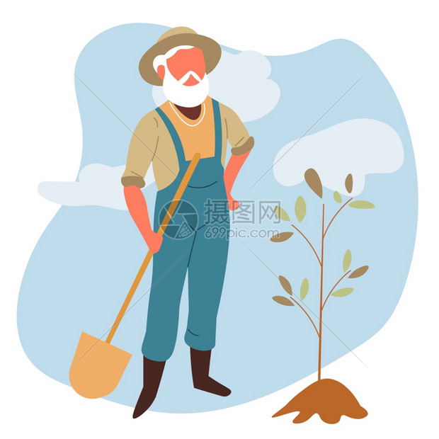 卡通老人用铲种植树苗矢量插画