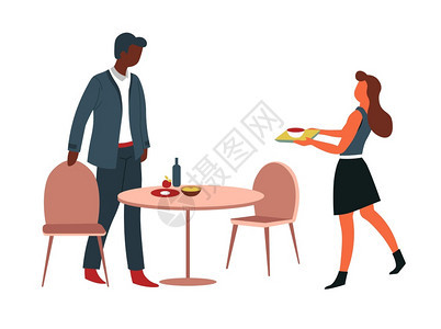 办公室食堂男女在餐桌上吃午的饮用男在桌边吃饭男用拉椅子女餐桌托盘食品日餐饮厅自助或图片