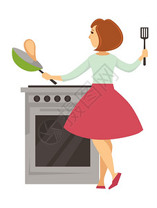 家庭主妇和烹饪餐桌腹腔妇女烹饪煎饼矢量孤立的女格厨房用具烹饪和早餐具穿裙子的糕饼女孩在炉灶厨房餐具附近图片