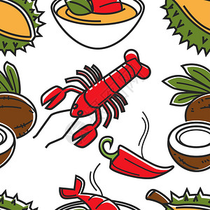 泰国食物龙虾辣椒胡椰子无缝模式图片