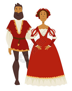 男方和女的复兴风格夫妻双方的复兴风格男方和女的舞会礼服和长腿孤立的字符套装古代时传统服或有胡子的夫妻装扮成有着的家庭文艺风格男女图片