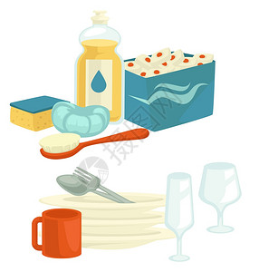 洗涤干净的盘子和清洁工具或的病媒家用刷子和海绵片用于洗碗机板勺子和叉杯餐具或玻璃和化学工具图片