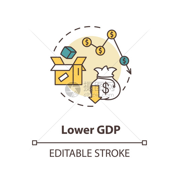 低GDP概念图标负失业结果金融损失经济下降社会问题细线插图矢量孤立大纲RGB彩色绘图可编辑的中风图片