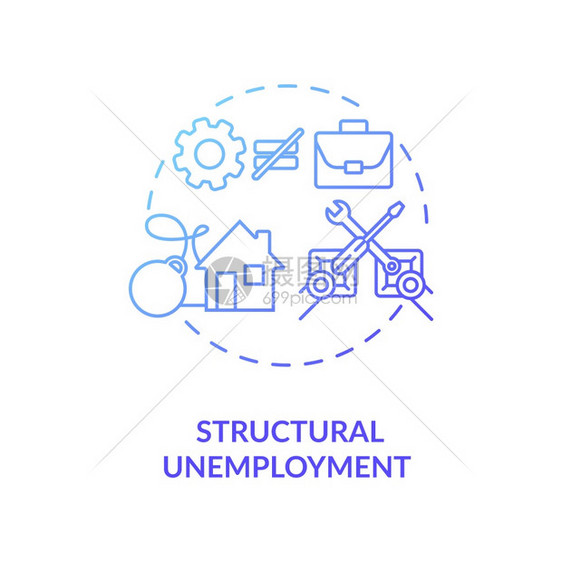 结构失业蓝色梯度概念图标由于技术革新而失业社会经济问题概念细线插图矢量孤立的大纲RGB颜色绘图结构失业蓝色梯度概念图标图片