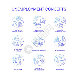 失业类型蓝色梯度概念图标设置潜在的无家可归国内生产总值下降经济问题细线RGB彩色插图矢量孤立的大纲图纸失业类型蓝色梯度概念图标设图片