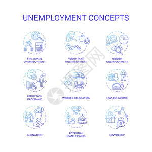 失业类型蓝色梯度概念图标设置潜在的无家可归国内生产总值下降经济问题细线RGB彩色插图矢量孤立的大纲图纸失业类型蓝色梯度概念图标设图片