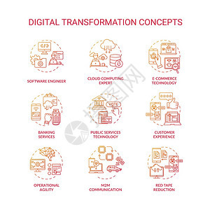 红色梯度数字转换概念图标集专业程序员商思想技术创新细线RGB颜色图解矢量孤立的大纲图纸数字转换红色梯度概念图标集图片