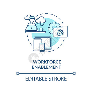 劳动力增强绿松石概念图标IT部门的数字工作空间提高客户满意度细线插图矢量孤立大纲RGB彩色绘图可编辑中风劳动力增强绿松石概念图标图片
