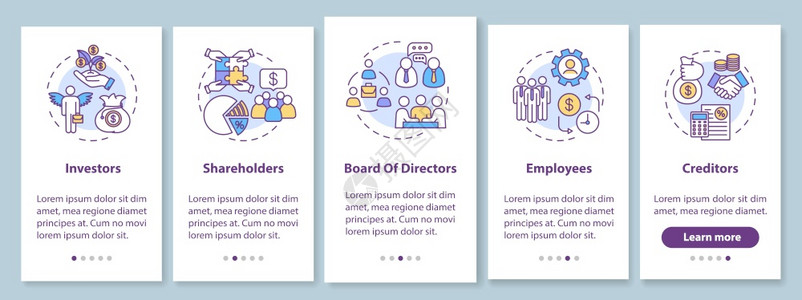 公司法条例关于上载带有概念的移动应用程序页面屏幕的公司法条例投资者利益攸关方走过5步图形说明配有RGB颜色插图的UI矢量模板带有图片