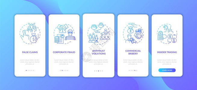 包含概念的移动应用程序页面屏幕上的公司犯罪反托拉斯侵权商业走过5步图形指示带有RGB颜色插图的UI矢量模板带有概念的移动应用程序图片