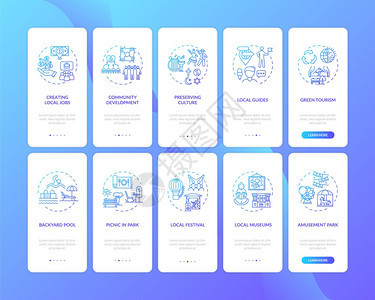 本地旅游和在固定概念的移动应用程序页面屏幕上停留国内旅行福利步走5图形指示带有RGB颜色插图的UI矢量模板图片