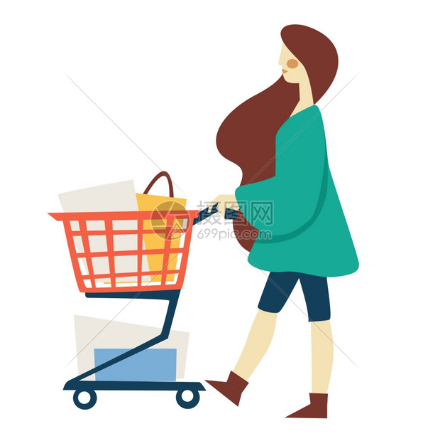 买满购物车袋的车妇女装满箱货的超市妇女或购物中心孩买食品衣服或孤立女物品推车客和周末例行消遣图片