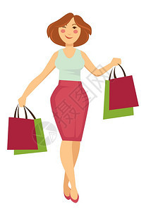 在高跟鞋纸包装商场或店和超市上用小便袋行走和买东西购病媒时装服和着衬衫裙子的包装女孩礼品或食购物妇女图片