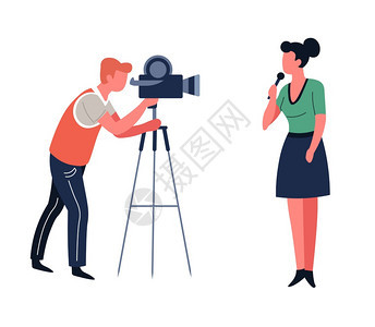 播放主持人或记者和摄影师电视节目或新闻拍摄矢量记者和操作员电视节目播放后台摄像机和有麦克风报道的妇女图片