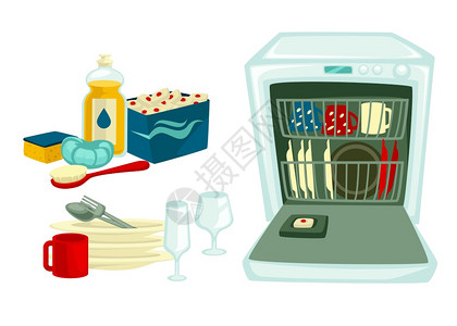 阿甘油洗涤干净的盘子和清洁工具或洗涤干净的病媒家用刷子和洗碗机板堆叠的勺子和叉杯碗或玻璃化学工具意味着家用插画