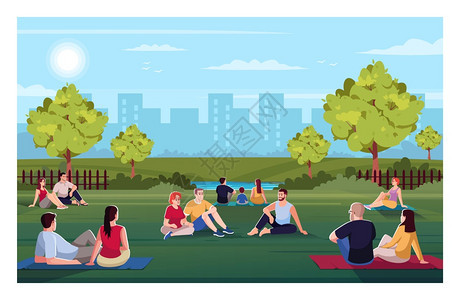 城市公园人们坐在草地上休息矢量插画图片