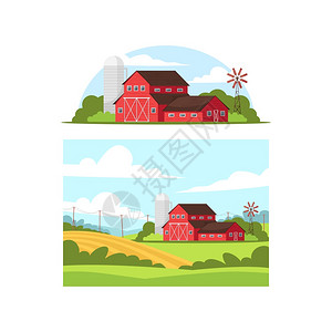 当地生产态收获小麦种植园美国农场村别墅场2D卡通商业用途景观农场生活半公寓矢量图集图片