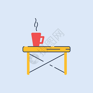 咖啡桌半平式RGB彩色矢量插图现代装饰家具室内设计元素小黄桌上的红咖啡杯蓝色背景上孤立的漫画对象图片