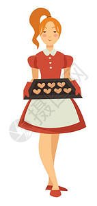 以饼干为托盘的家庭主妇女孩用饼干为托盘与孤立的女格矢量妇着装穿围裙的心形糕饼面包制品烹饪食或甜点家庭务和工作与隔离的女格矢量体与图片