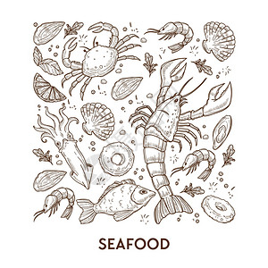 盘字海产食品素描鱼蟹和龙虾或病媒鱿鱼和鲑牡蛎软糖柠檬片绿餐或咖啡厅菜单盘和水下海洋动物的膳食插画