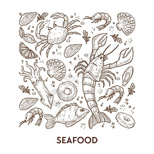 海产食品素描鱼蟹和龙虾或病媒鱿鱼和鲑牡蛎软糖柠檬片绿餐或咖啡厅菜单盘和水下海洋动物的膳食背景图片