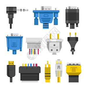 连接电缆和器通电缆和器通矢量音频或视适配器和插头孤立的以太网络端口HDMI和DVIRCA电器和技术设备连接金属和橡胶图片