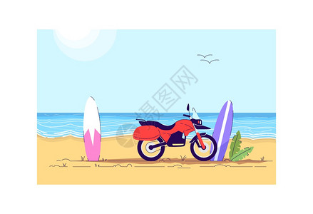 沙滩上的摩托车和冲浪板矢量插画图片