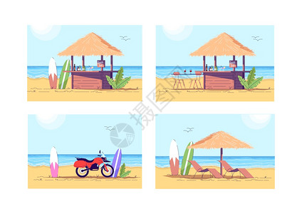 卡通沙滩鸡尾酒饮料吧摩托车和冲浪板矢量插画图片
