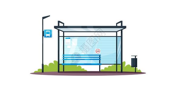空公交站半平式RGB彩色矢量说明公交车站掩体和签名城市公共交通平台禁止吸烟区白色背景上的孤立卡通对象彩色矢量说明图片