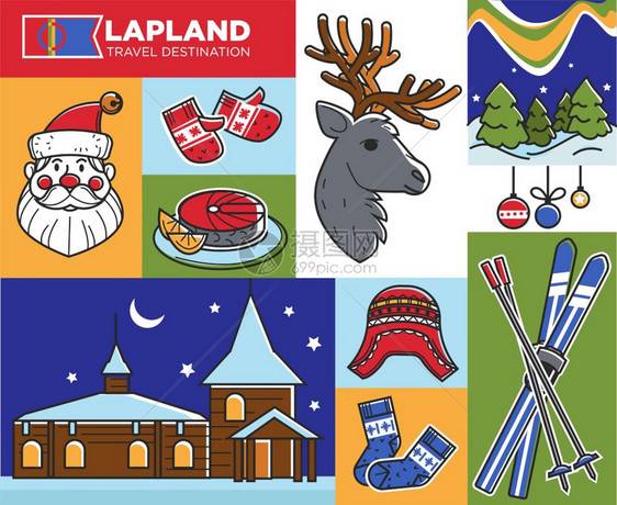 圣诞老人之家和冬季拉普兰旅行目的地矢量兔图片