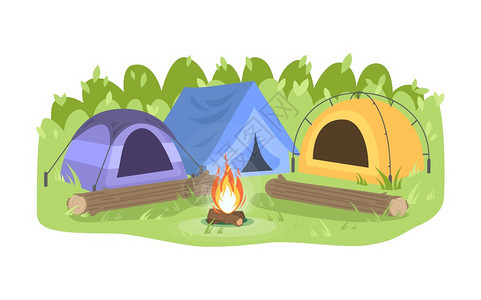 营火附近的帐篷矢量插画图片