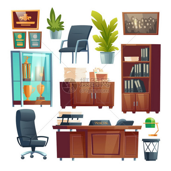 办公室桌椅书柜盆栽元素合集图片