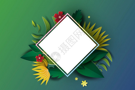 折纸风格带有绿叶和花朵的模板海报矢量插图图片