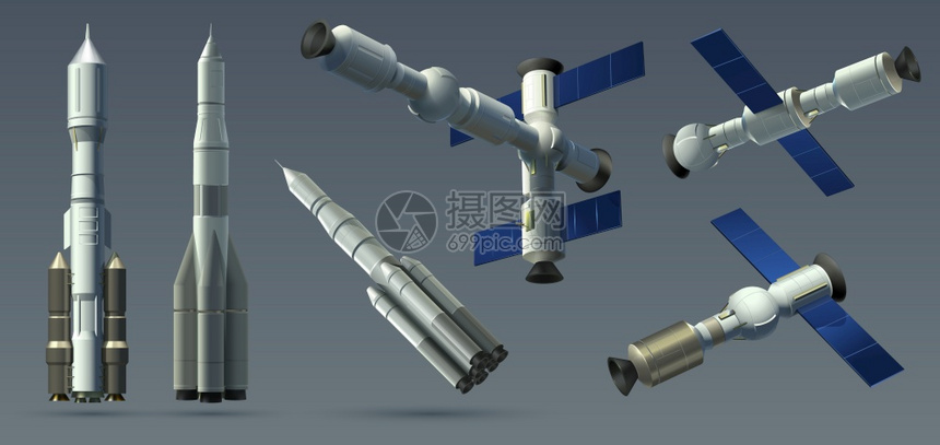 3D号空间火箭现实的3D号空间飞船和站的收集自动卫星和行际站模拟型矢量说明重火箭和空间模块在灰色空间火箭现实的3D号空间飞船和站图片