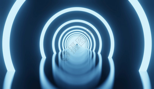 光和圆3D说明SciFiNeonGlowing光蓝色和白圆月底工作室阶段显示夜晚虚拟黑暗图片