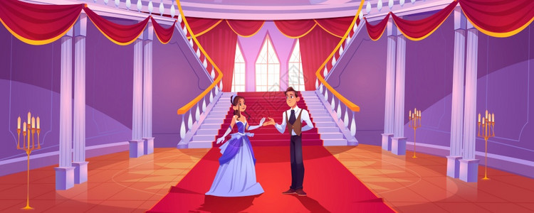 矢量卡通背景在巴洛克宫殿的走廊有夫妇楼梯芭乐经和柱子浪漫的童话插图在皇家城堡大厅有王子和公主图片