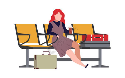 现代女人物坐在椅子上与行李一起等待飞机图片