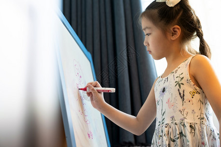 亚洲女童小学生在家里画白板作为学校的在线任务而城市则与新冠19大流行病隔绝图片