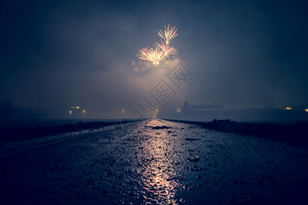 新年在灰尘湿地貌上的烟花奥地利图片