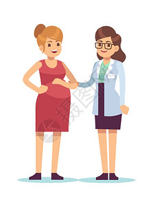 年轻女在医院与生交谈在诊所进行体检妊娠医疗保健概念病媒卡通孤立图解医生和孕妇妊娠医学概念病媒卡通图解背景图片
