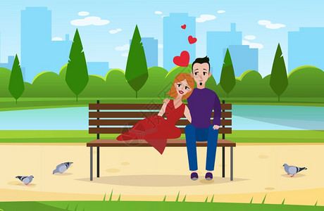 在公园长椅上约会的情侣卡通矢量插画图片