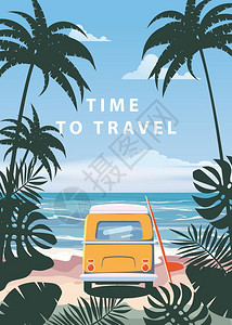 暑假度假海景海滩棕榈叶公共汽车冲浪板矢量插图图片