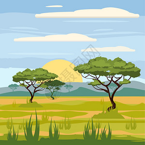 非洲地貌热带草原自然树木矢量插画图片