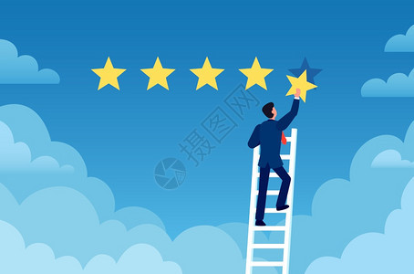 客户评级商人站在梯子上给5星客户反馈积极审查评价系统矢量概念企业成功审查评级服务客户说明评级商人站在梯子上给客户反馈积极审查评价背景图片