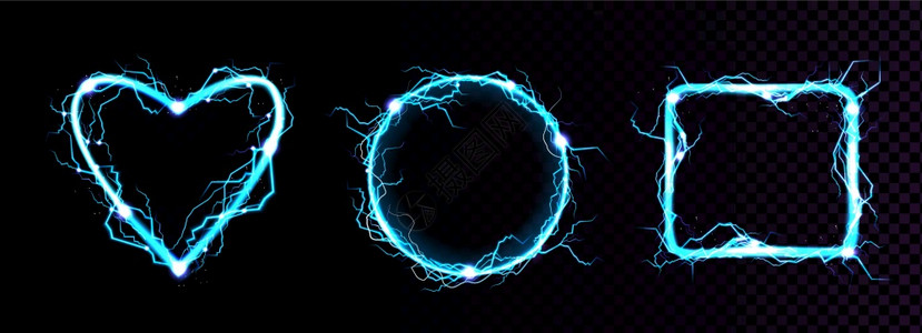 以圆形心和平方状的电闪框架数字光线边框矢量现实的蓝色闪电排放在透明背景中分离矢量现实的蓝色电闪框架图片