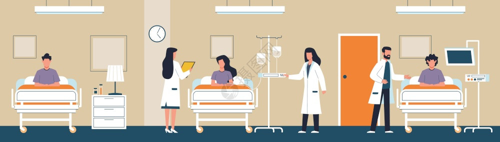 病房里的病人和医生卡通矢量插画图片