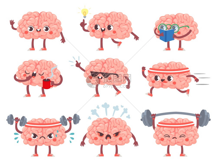 大脑精神锻炼教育隐喻创造吉祥物图标的卡通矢量组有思想阅读书喝咖啡