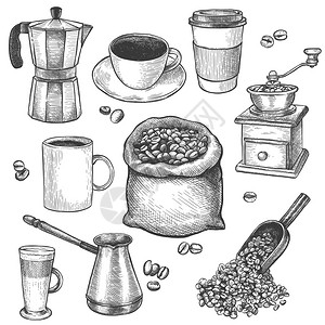 咖啡磨坊茶壶加烤豆的麻袋cezveLatte和咖啡杯手为馆餐或店菜单广告所准备的雕刻陈腐病媒咖啡磨坊cezveLatte和咖啡杯图片
